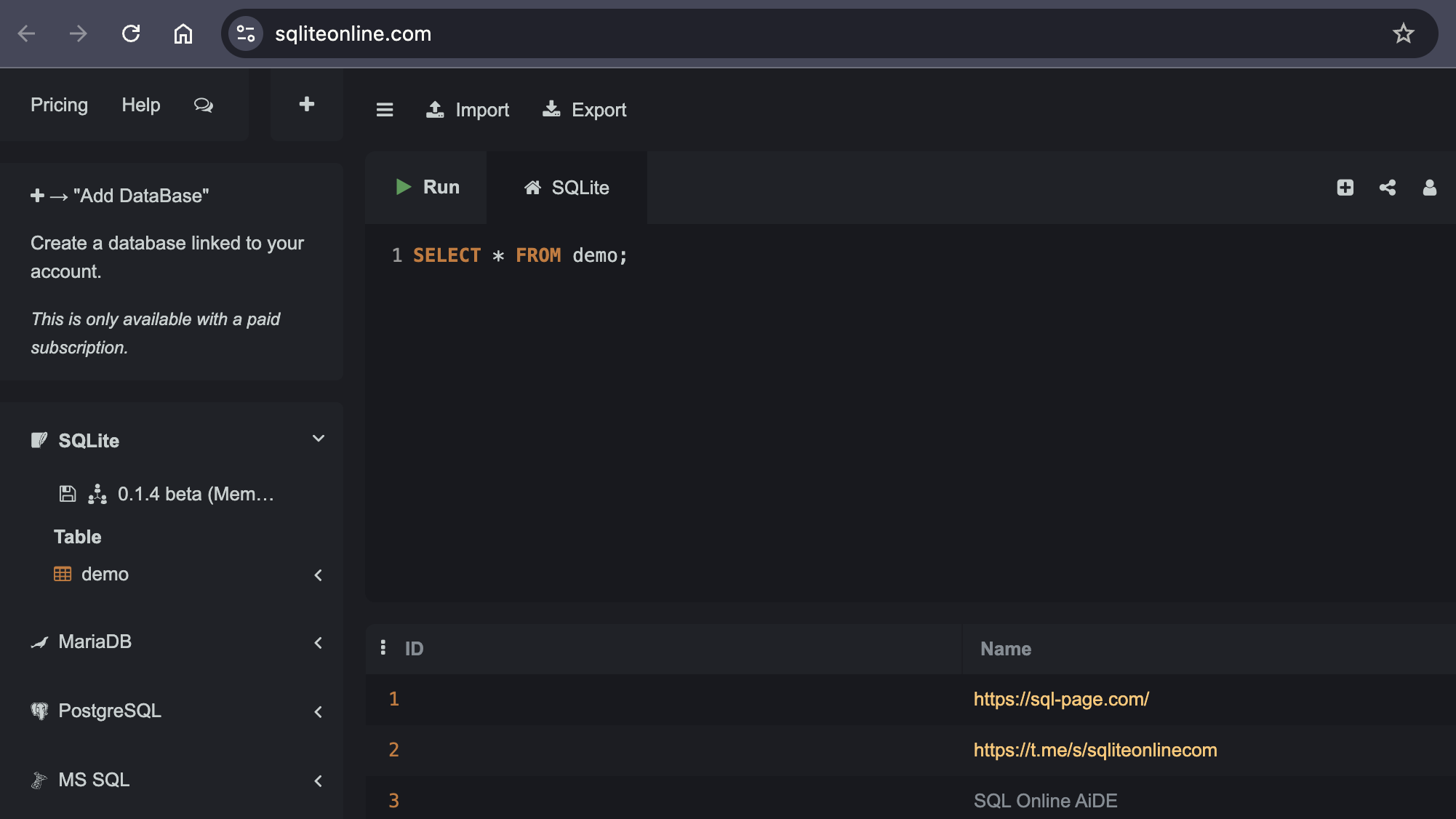 SQLonline.com dashboard