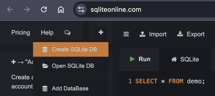 Create SQLite DB selected in top left corner